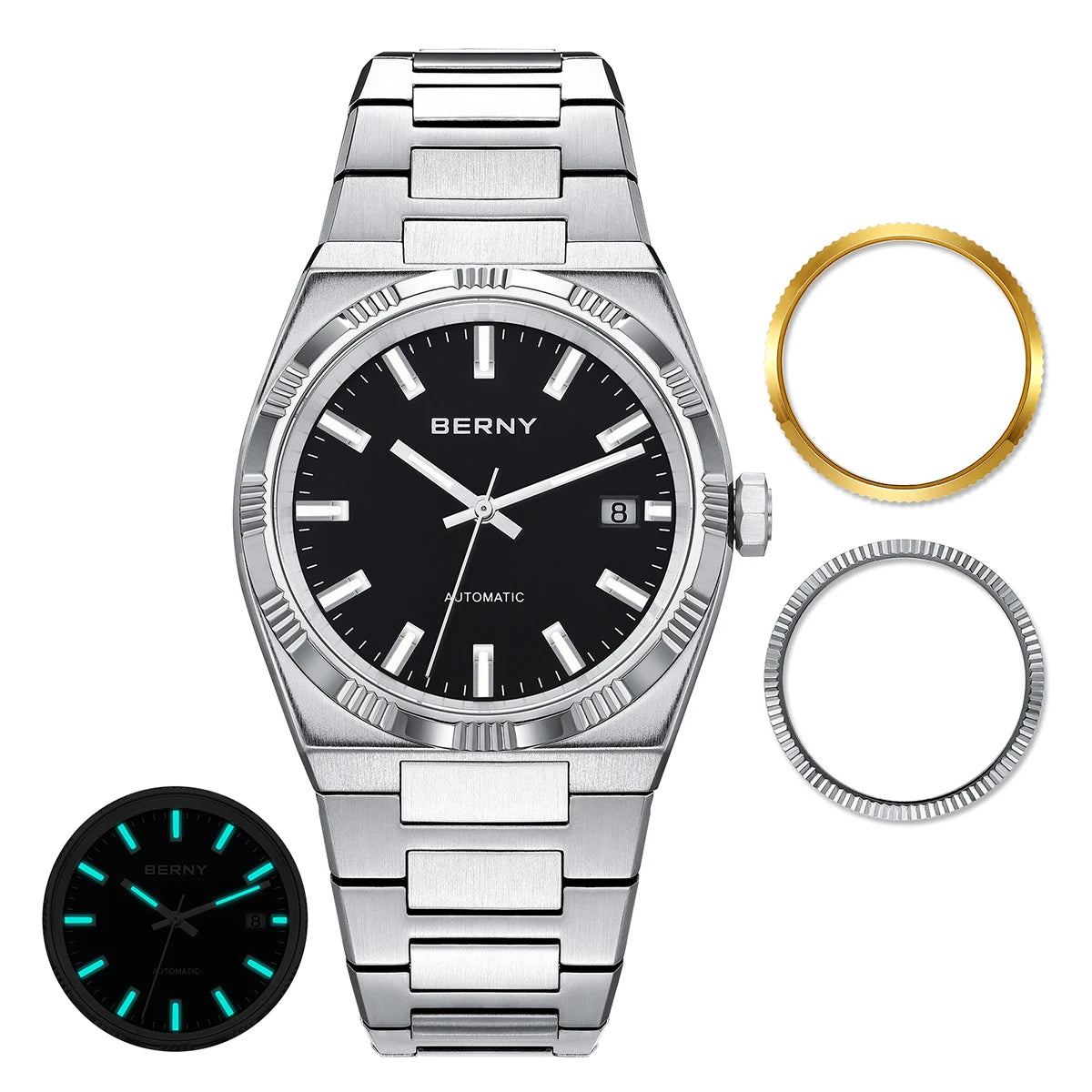 Montre automatique pour homme BERNY, dorée, verre saphir, aiguilles luminescentes, 100 % originale, équipée d'un mouvement PT5000, revêtement antireflet, modèle de luxe avec lunette interchangeable, étanche 5 ATM.