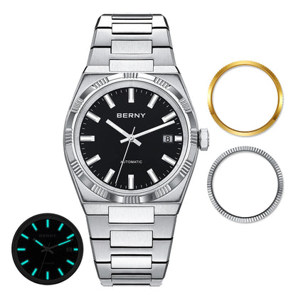 Montre automatique pour homme BERNY, dorée, verre saphir, aiguilles luminescentes, 100 % originale, équipée d'un mouvement PT5000, revêtement antireflet, modèle de luxe avec lunette interchangeable, étanche 5 ATM.