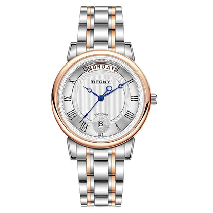 Montre à quartz pour homme BERNY, équipée d'un mouvement Miyota VJ55, modèle de luxe de haute qualité avec affichage du jour, boîtier en acier inoxydable, verre saphir et étanchéité.