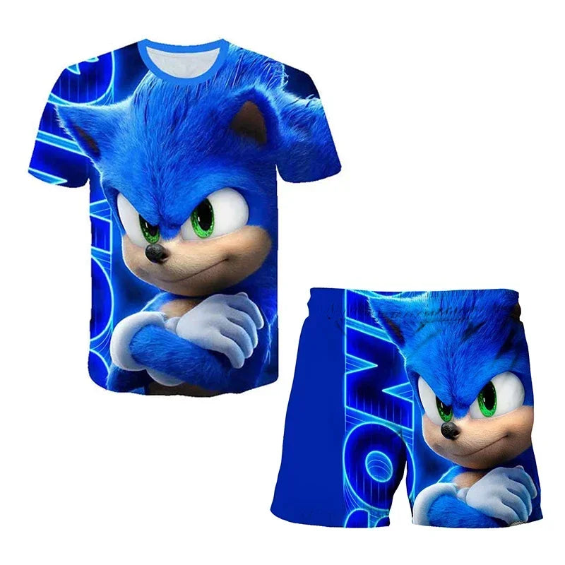 Sonic The Hedgehog Top Fashion 3D Anime Children's T-shirt Set Short Sleeve + Shorts Two-piece Set Girls Boys Cosplay Costume