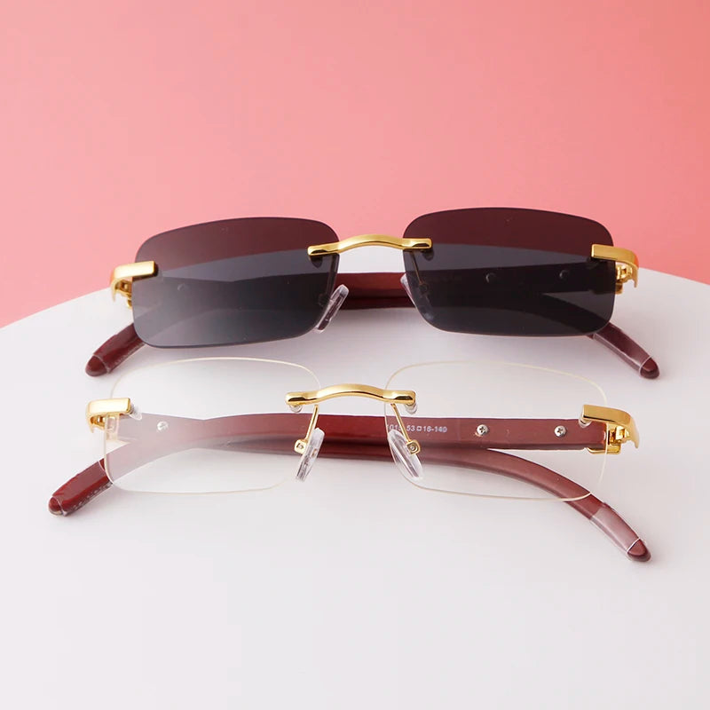 Classic Stylish Rectangle Rimless Sunglasses Women Men Brand Design Luxury Vintage Sun Glasses Frameless Wood Leg Frame Eyewear