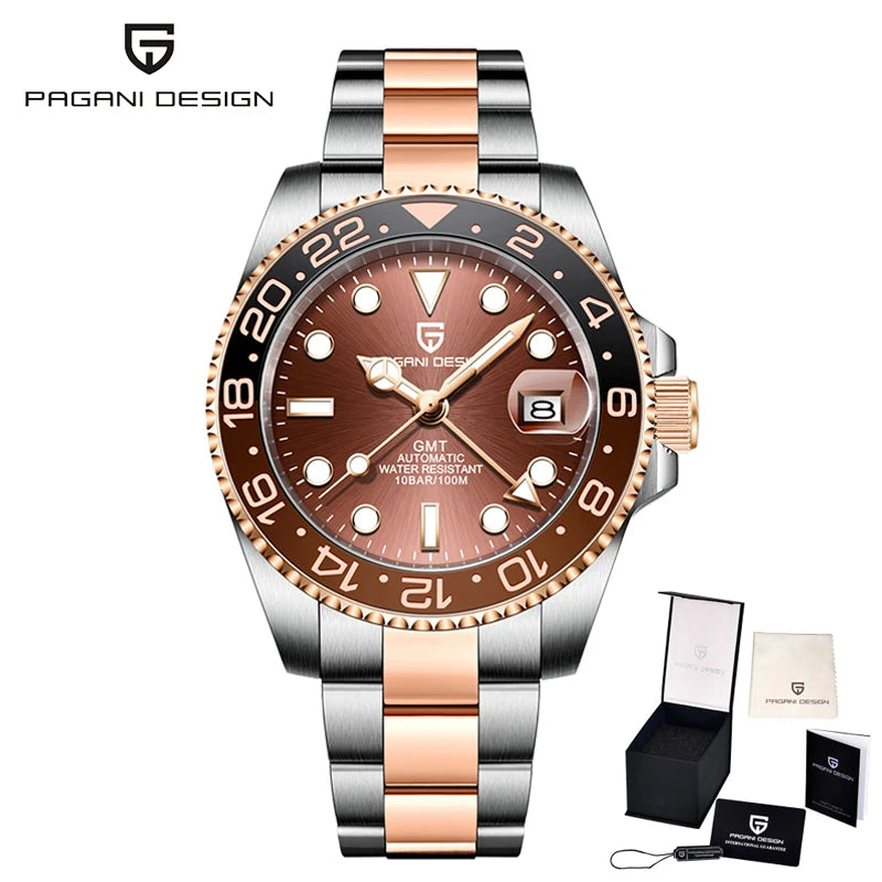 Mechanické pánske hodinky Pagani Design GMT – Luxusný model so zafírovým sklom, puzdrom z nehrdzavejúcej ocele a keramickou lunetou – Automatické pánske hodinky v profesionálnom štýle
