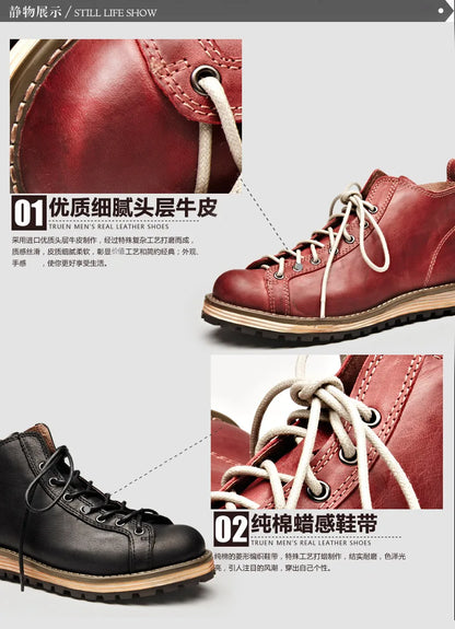 KOWM cowhide Hiking shoes men's walking boot British trekking shoes thick soled cowhide high top motorcycle boots ankle sneakers