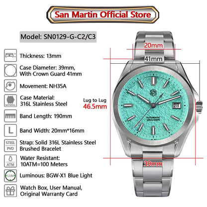 San Martin New Gada Fashion Sport Watch 39mm NH35 Automatic Mechanical Men Watches Dress Waterproof 100m Luminous SN0129