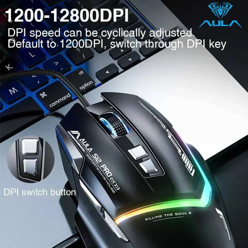 AULA S12Pro kablet mekanisk mus 1000HZ 12800DPI RGB lav latenstid makrodefinitioner esport gamingmus PC-gamer-tilbehør
