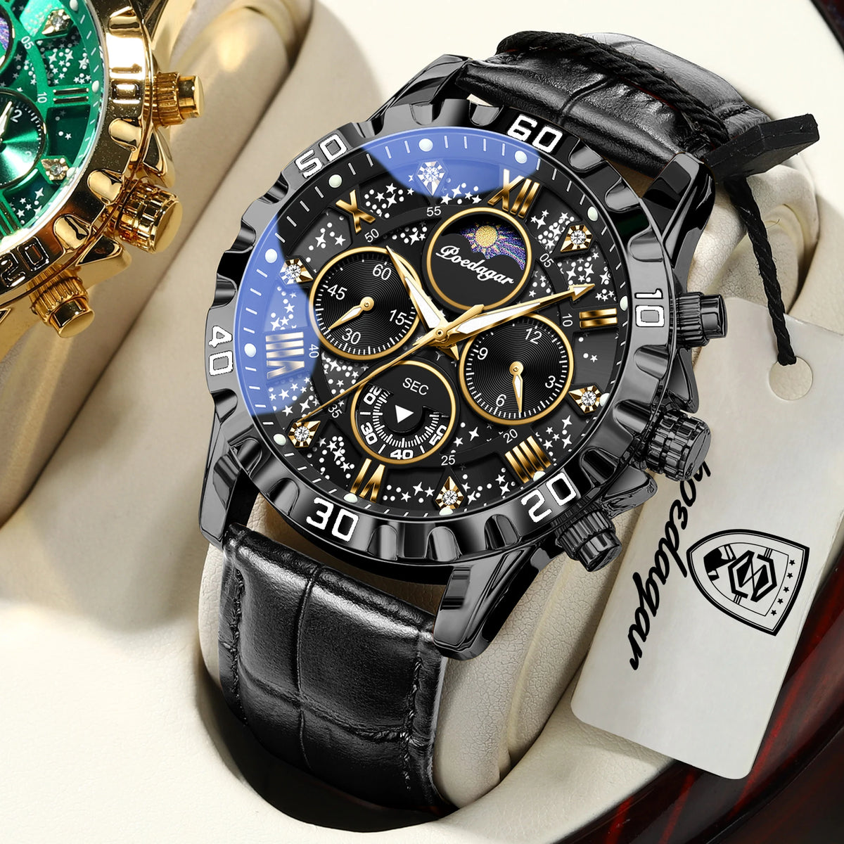 Luxusní pánské náramkové hodinky POEDAGAR – sportovní chronograf, vodotěsné a s luminiscenčními prvky, s koženým řemínkem, quartzový strojek