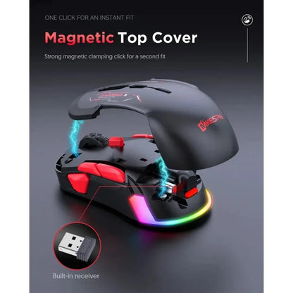 Mouse gaming macro MKESPN W12 cu 10 butoane, ambidextru, wireless Bluetooth, multicanal, tri-mode, ergonomic, RGB mare