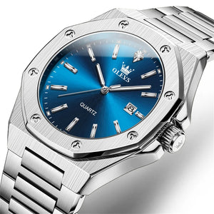 OLEVS Watches For Men Luxury Silver Blue Classic Quartz Watch for Man Waterproof Stainless Steel Luminous Reloj Hombre 2025