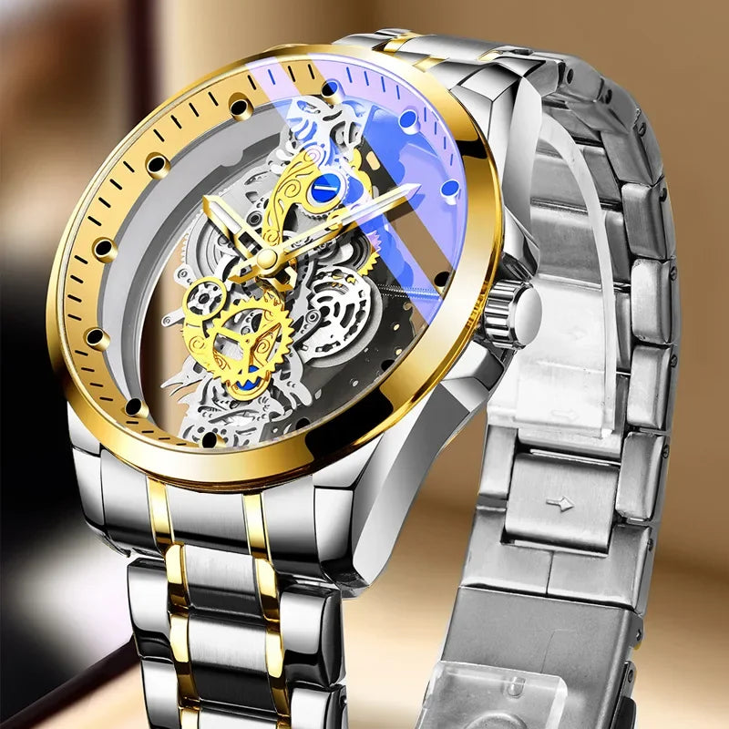 Trendové pánské hodinky, model s dvojitým víčkem, luxusní zlatý styl, imitace mechanického tourbillonu, quartzový strojek.