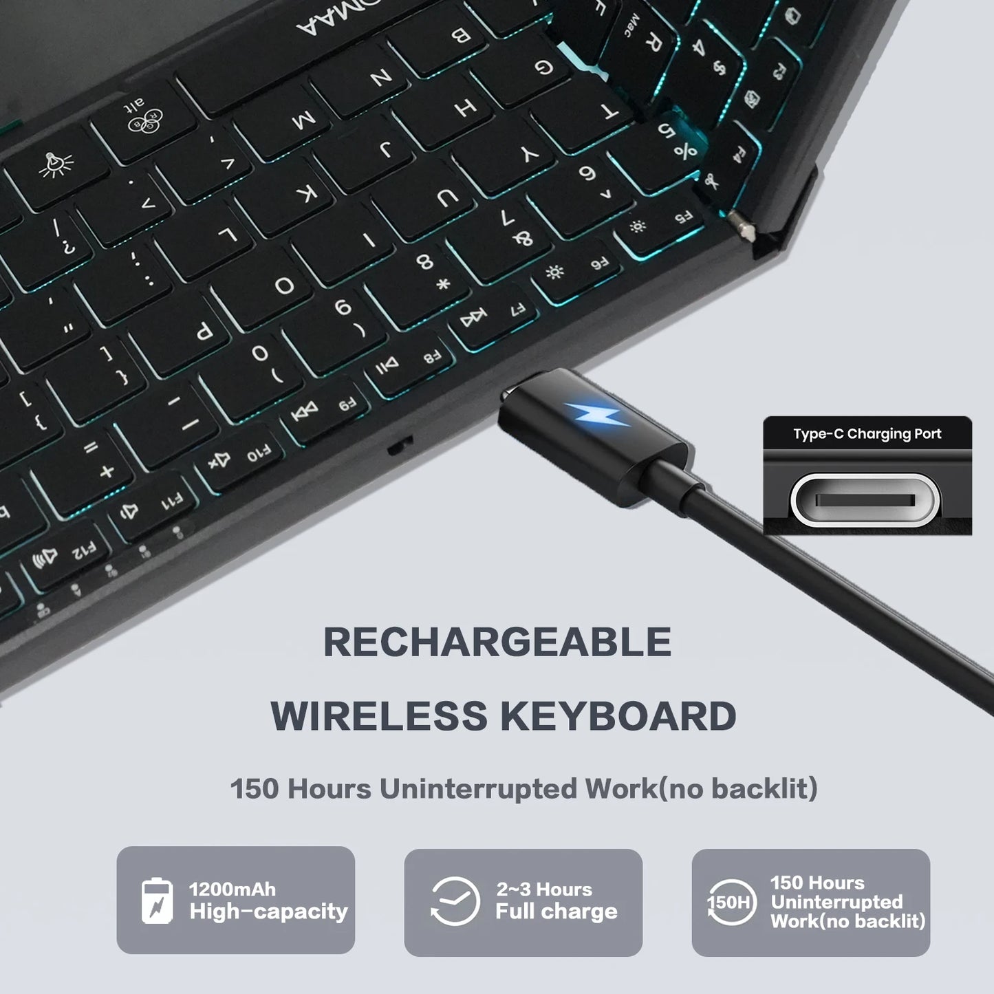 Teclado táctil inalámbrico Bluetooth de modo dual con retroiluminación RGB, 98 teclas, teclado de oficina plegable para PC/portátil/Mac - Negro