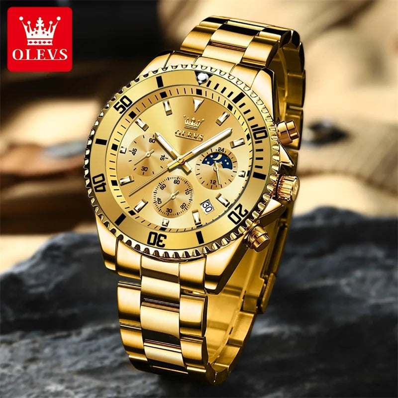 Reloj OLEVS para hombre, marca de lujo, reloj militar de cuarzo dorado, resistente al agua, fecha luminosa, caja de acero inoxidable.