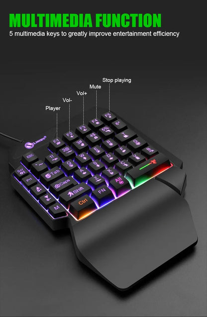 Mini teclado gaming de uma só mão com 35 teclas, USB, ultrafino, com fios e retroiluminado, para portátil, PC de secretária e smartphone