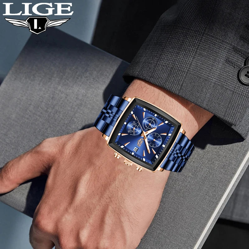 Relojes de lujo para hombre LIGE, modelo cuadrado, estilo clásico y moderno, de acero inoxidable, resistentes al agua, deportivos y desenfadados, con mecanismo de cuarzo.