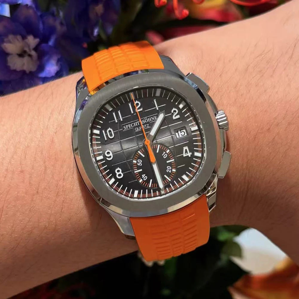 Specht & Söhne New Classic 5167 Men's Watch Orange Color Sapphire Crystal Rubber Srap Sports Male Quartz Watches 50M Waterproof