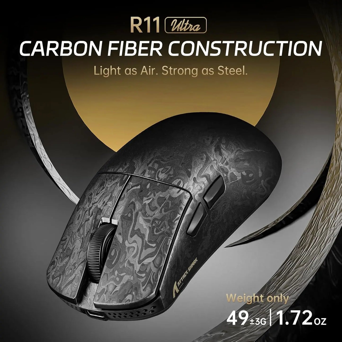 ATTACK SHARK R11 ULTRA 49g Carbon Fiber 8000Hz Wireless Gaming Mouse, 42000 DPI, 20000 FPS, PAW3950MAX, Nordic 52840 Chip