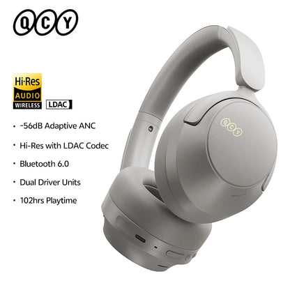 QCY H3S -56dB ANC adaptativo Auscultadores Bluetooth 6.0 circum-aurais – Headset sem fios Hi-Res LDAC, bateria de 102H, som espacial Dual Driver