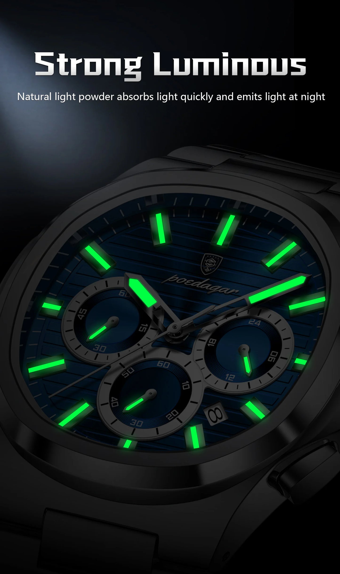 POEDAGAR Men’s Luxury Stainless Steel Quartz Watch  Waterproof Chronograph with Luminous Dial & Date