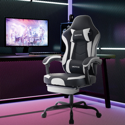 WOTSTA Gaming-Stuhl mit Fußstütze, ergonomischer Gamer-Stuhl mit Lendenkissen, Kopfstütze und höhenverstellbarem Computerstuhl