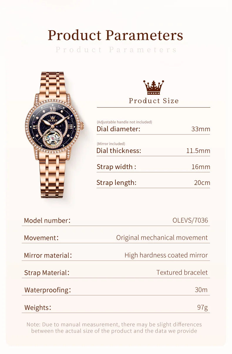 OLEVS Women’s Luxury Automatic Skeleton Watch  Starry Sky Stainless Steel Mechanical Wristwatch
