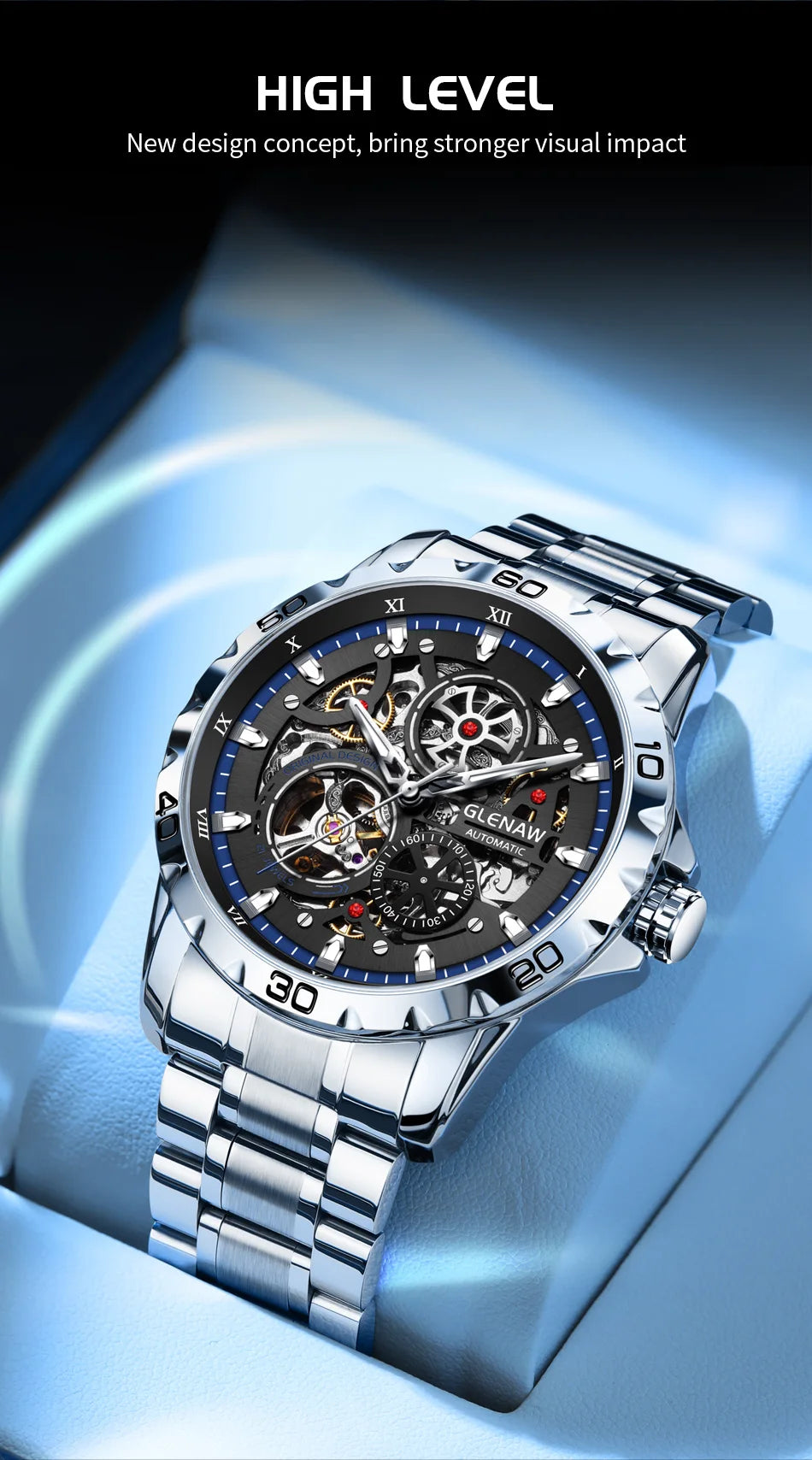 GLENAW Steampunk Skeleton Men's Watch Ring Luxury Automatic Mechanical Watches Luminous Waterproof Stainless Steel Strap Watch