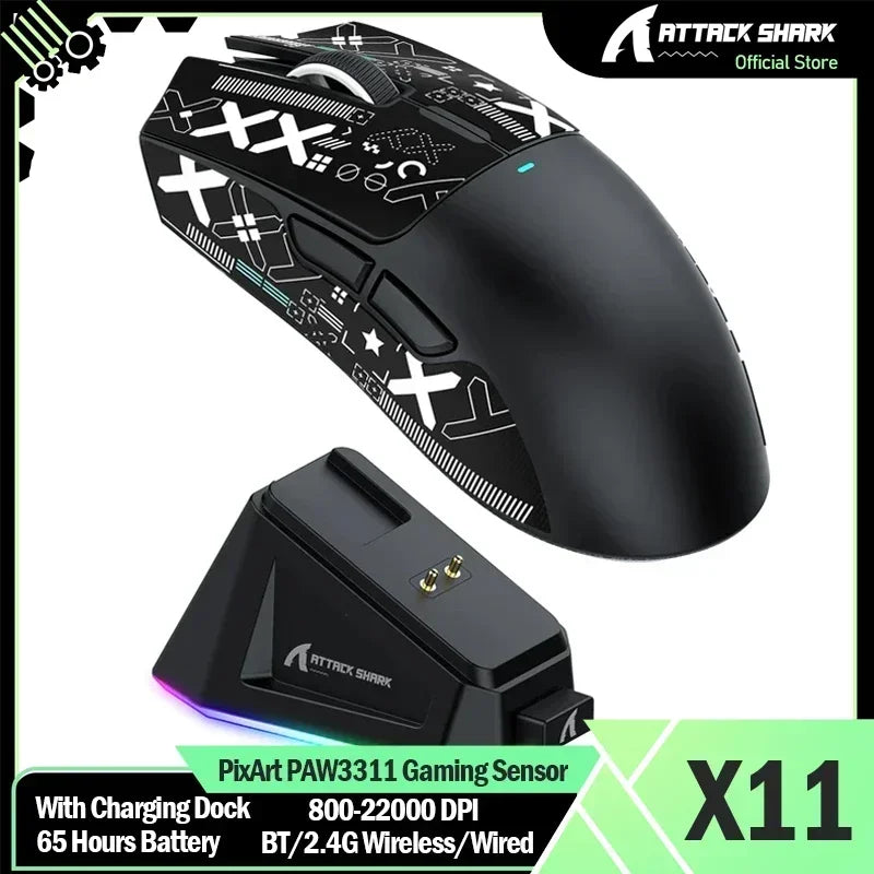 Rato Gaming Sem Fios Original ATTACK SHARK X11 com Dock de Carregamento, Sensor Gaming PixArt PAW3311, Ligação BT/2.4G Sem Fios/Com Fios