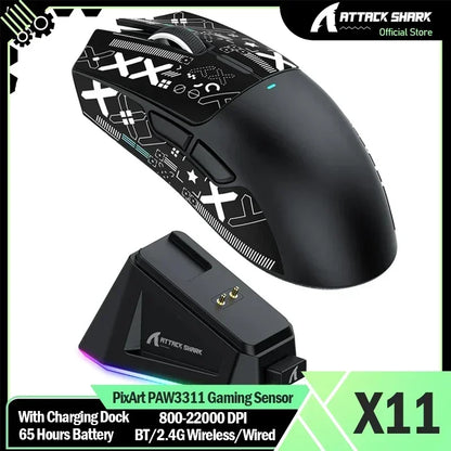 Rato Gaming Sem Fios Original ATTACK SHARK X11 com Dock de Carregamento, Sensor Gaming PixArt PAW3311, Ligação BT/2.4G Sem Fios/Com Fios
