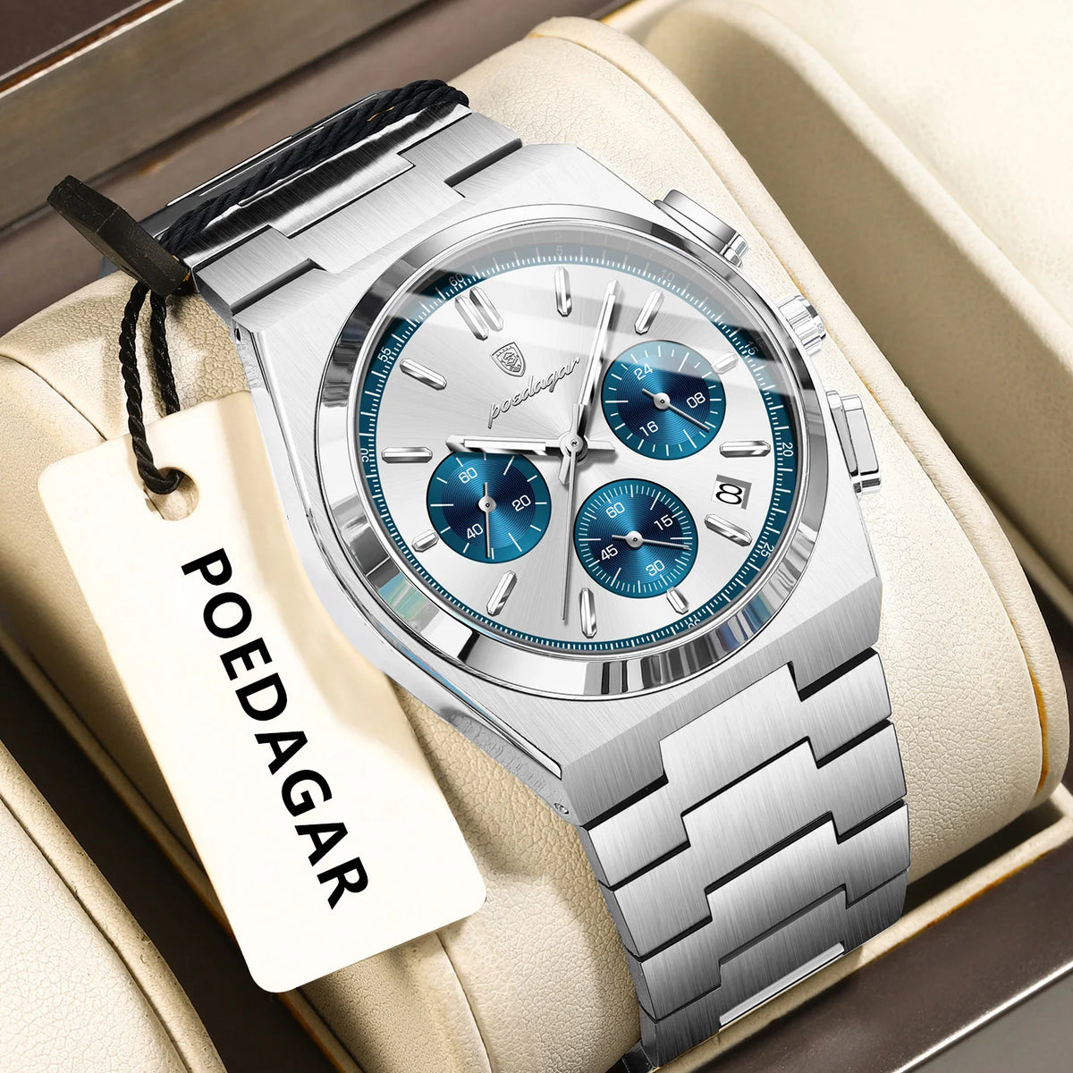 POEDAGAR Herrenuhr – Luxuriöser Chronograph aus Edelstahl, mit Datumsanzeige, wasserdicht und leuchtend – Sportliche Quarz-Armbanduhr