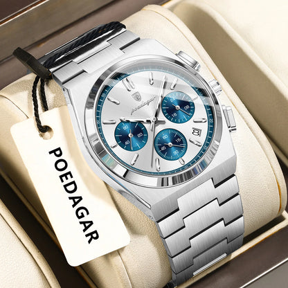 POEDAGAR Herrenuhr – Luxuriöser Chronograph aus Edelstahl, mit Datumsanzeige, wasserdicht und leuchtend – Sportliche Quarz-Armbanduhr