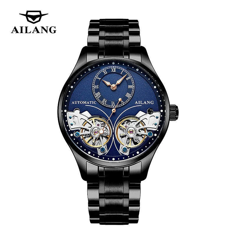 AILANG brandneue modische Double-Tourbillon-Uhr für Herren, Luxus-Edelstahl, wasserdicht, automatisch-mechanische Herrenuhr