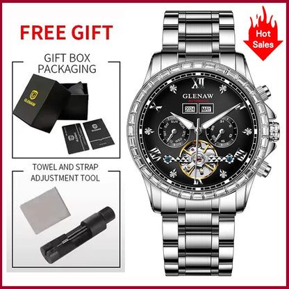 Montre mécanique multifonction GLENAW – Modèle pour homme, style business et décontracté, bracelet en acier inoxydable, étanche, avec calendrier – Montre de luxe