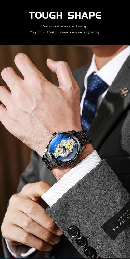 TPW Men’s Luxury Black & Gold Skeleton Quartz Watch Fashion Wristwatch
