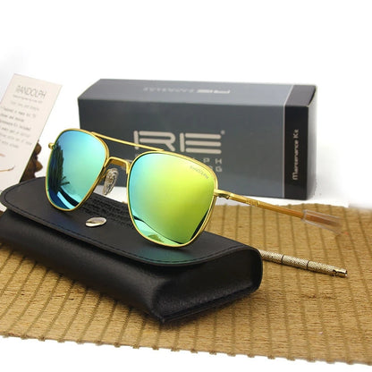 RE Sunglasses Man American Army Military Aviation Pilot Sun Glasses Glass Lens Woman Luxury Brand Vintage Metal Titanium Frame