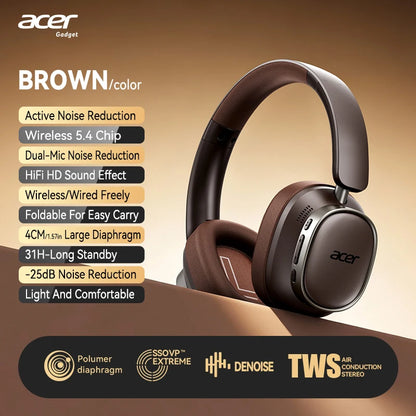 Acer Ohr633 2026 Nouveau modèle de casque Bluetooth sans fil, qualité sonore stéréo Hifi, réduction du bruit des appels, conception pliable et réglable, microphone haute définition intégré, casque de jeu