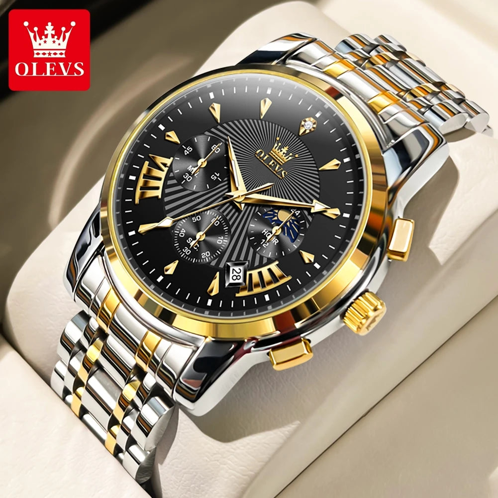 OLEVS – Modische rote Herrenuhr, luxuriöse Sportuhr, wasserdicht, Edelstahl-Chronograph, Quarz-Uhr, Herrenuhr (Relogio Masculino)