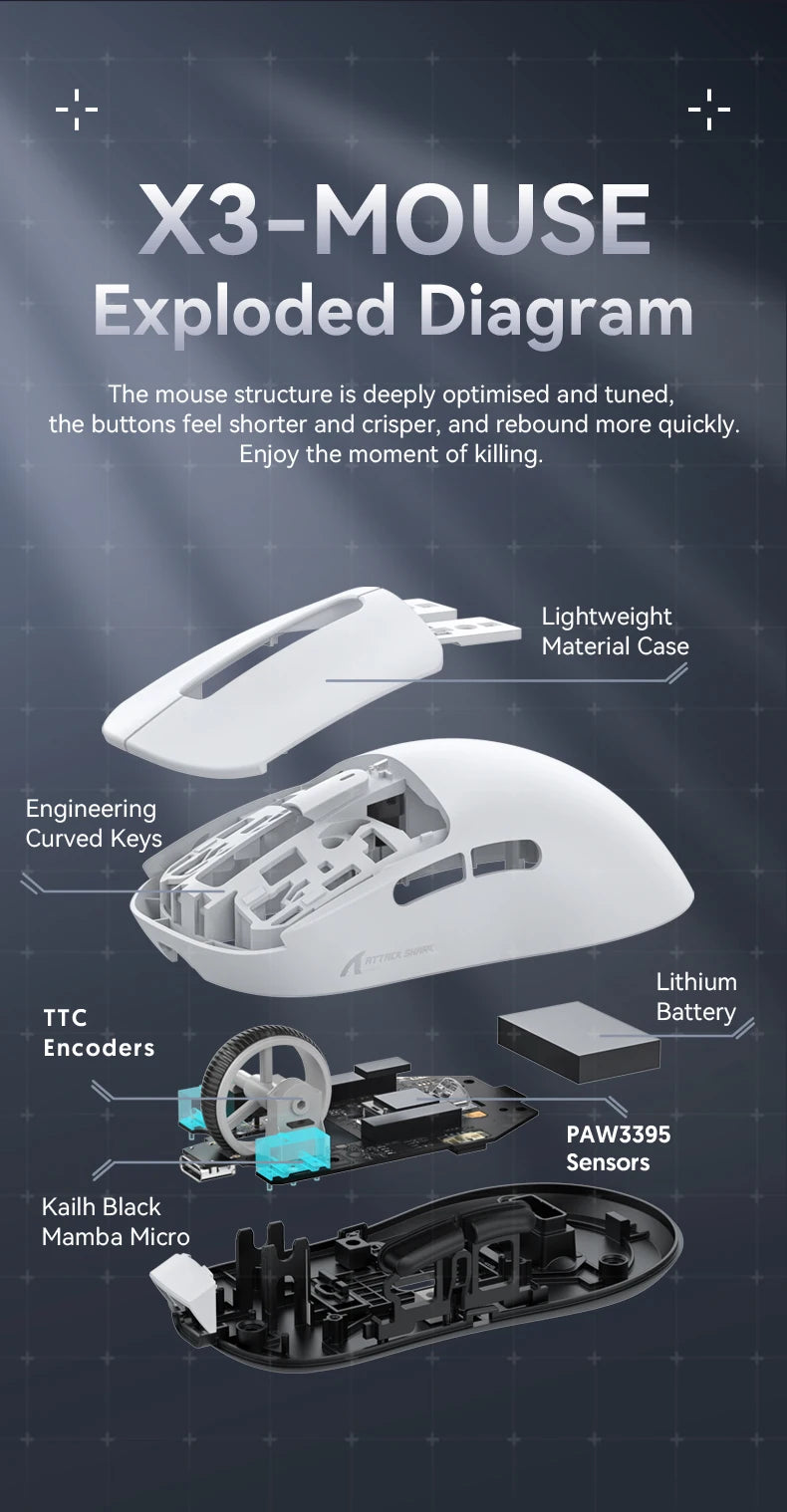 X3 Gaming Mouse Wireless ATTACK SHARK Rot 4K Rückläufe, Bluetooth-Tri-Mode-Verbindung, PAW3395, Makro-Bluetooth-Gaming-Maus