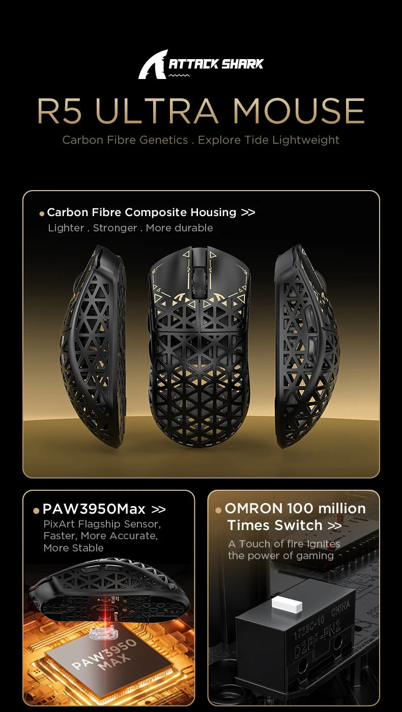 ATTACK SHARK R5 Ultra trådløs gamingmus i kulfiber, PixArt PAW3950MAX-gamingsensor, 42000DPI, 8000Hz, MCU Nordic 52840