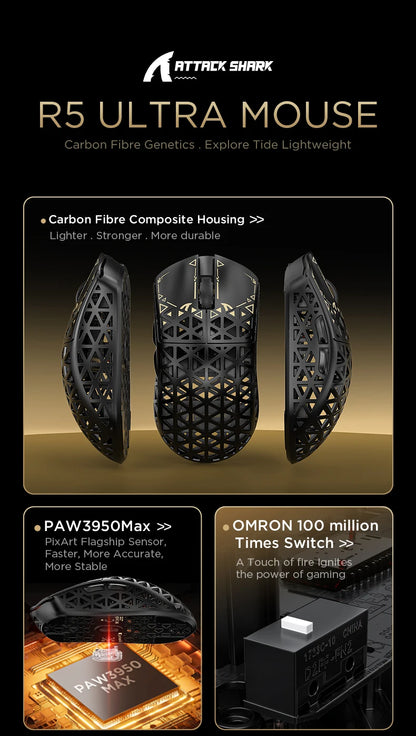 ATTACK SHARK R5 Ultra trådløs gamingmus i kulfiber, PixArt PAW3950MAX-gamingsensor, 42000DPI, 8000Hz, MCU Nordic 52840
