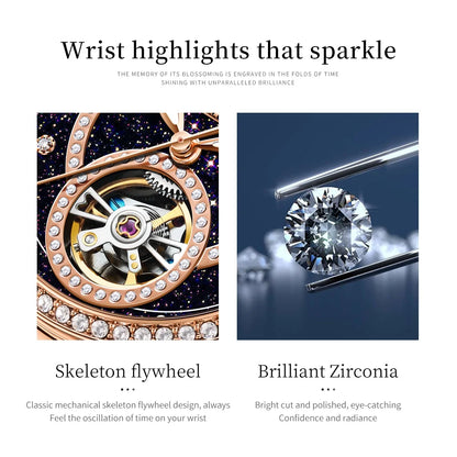 OLEVS Women’s Luxury Automatic Skeleton Watch  Starry Sky Stainless Steel Mechanical Wristwatch