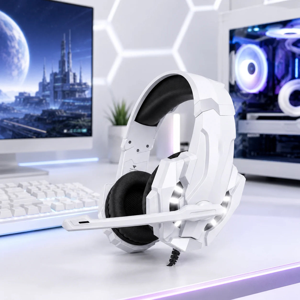 Casque de jeu G9000, casque supra-auriculaire filaire blanc avec microphone, éclairage LED, son stéréo pour PC, ordinateur portable et jeux vidéo.