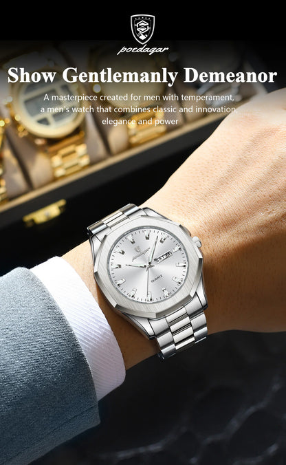 POEDAGAR Luxury Men Wristwatch Waterproof Luminous Week Date Casual Man Clock Stainless Steel Quartz Fashion Men's Watches Reloj
