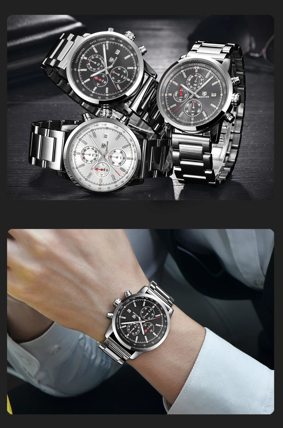 Montre pour homme BENYAR 5102 – Chronographe sportif de luxe à quartz, accessoire de mode d'une grande marque