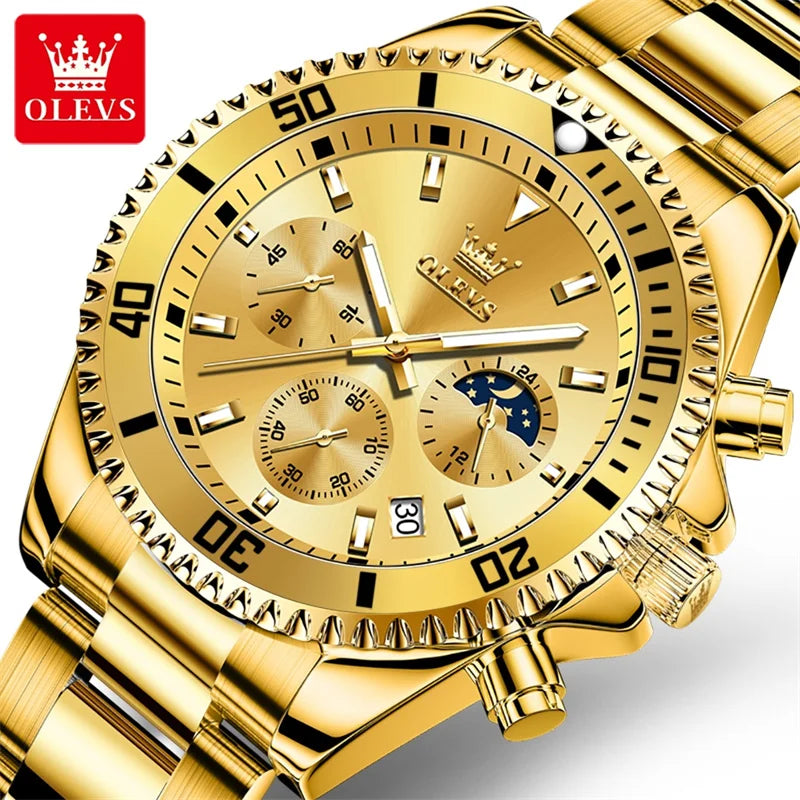 Reloj OLEVS para hombre, marca de lujo, reloj militar de cuarzo dorado, resistente al agua, fecha luminosa, caja de acero inoxidable.