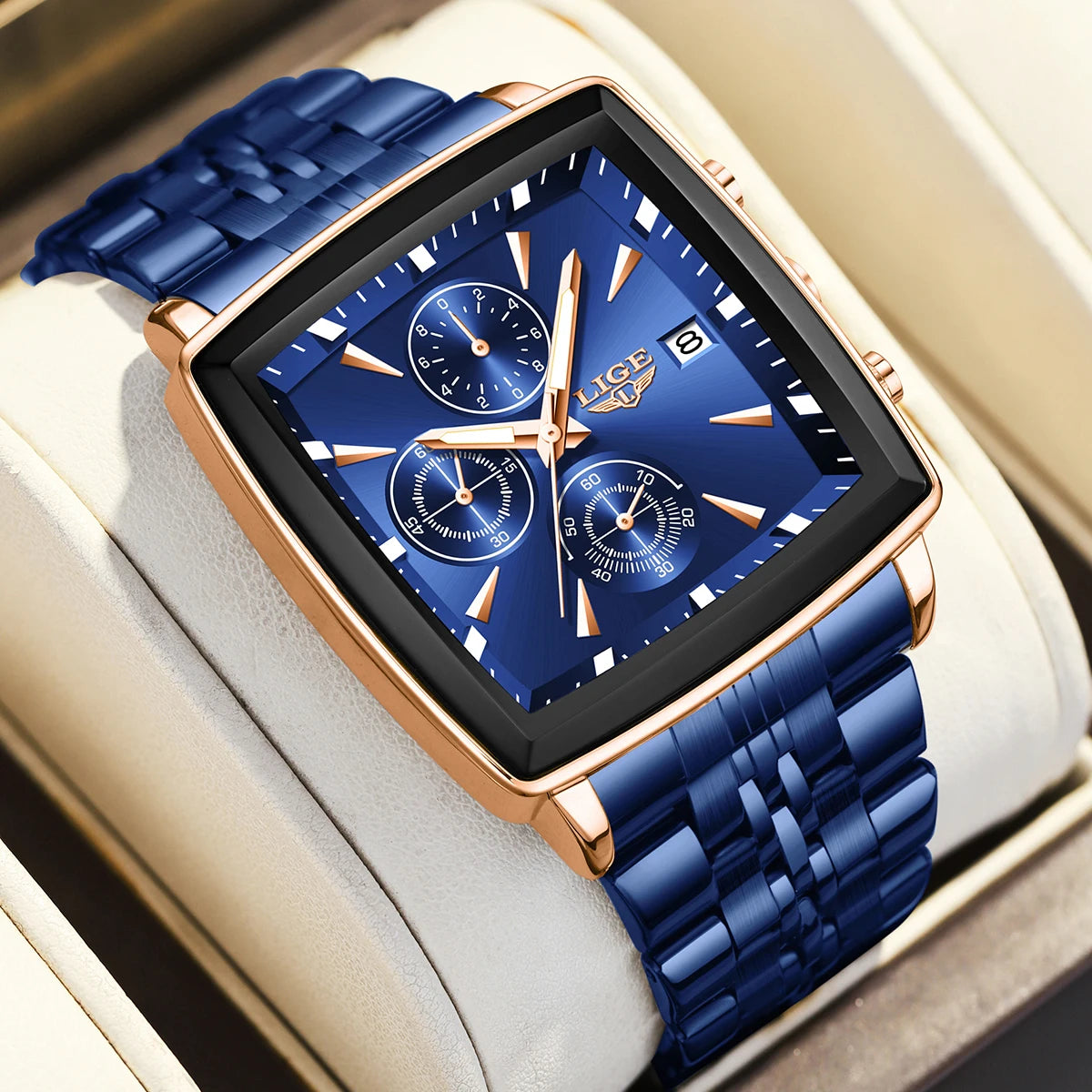 Relojes de lujo para hombre LIGE, modelo cuadrado, estilo clásico y moderno, de acero inoxidable, resistentes al agua, deportivos y desenfadados, con mecanismo de cuarzo.