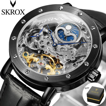 Reloj de pulsera mecánico automático SKROX para hombre, modelo esqueleto con función GMT, fase lunar y tourbillon: reloj de lujo de alta gama, elegante y original.