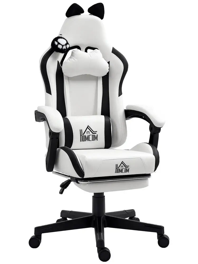 Cute Cat Gaming Chair with Removable Cat Ears, Retractable Footrest, Adjustable Height, Lumbar Support, 360° Swivel Reclining Gamer Chair