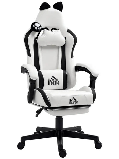 Cute Cat Gaming Chair with Removable Cat Ears, Retractable Footrest, Adjustable Height, Lumbar Support, 360° Swivel Reclining Gamer Chair