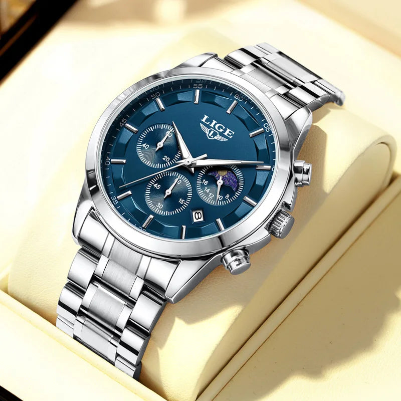 Reloj para hombre LIGE: cronógrafo de cuarzo de lujo, resistente al agua (3 bares), con agujas luminiscentes