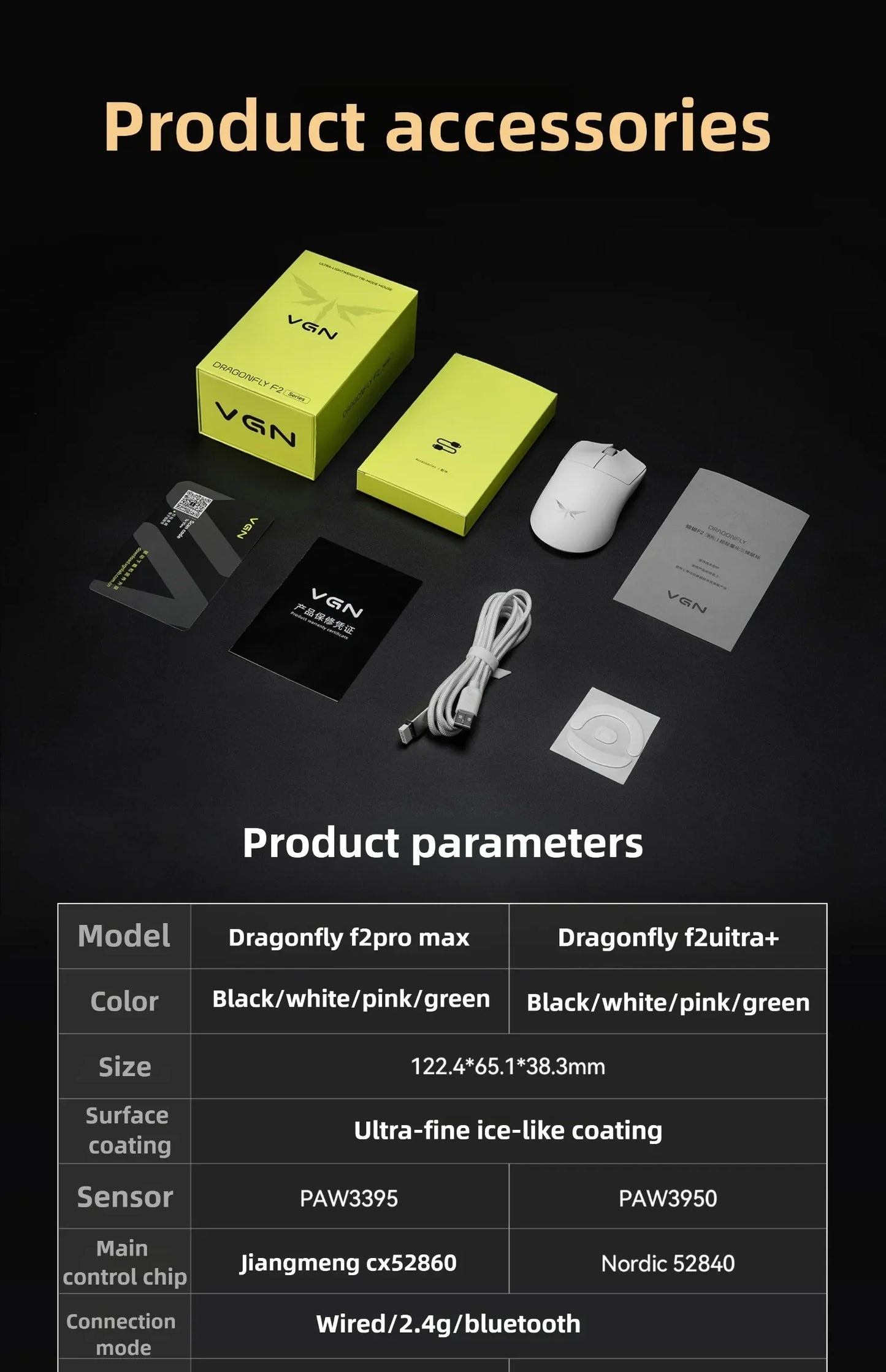Rato Gaming Esports VGN Dragonfly F2 ProMax/Ultra 42000DPI 0.125ms para CSGO, latência com/sem fios, Dual 8K, 3 modos, PAW3395/3950