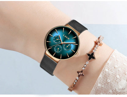 Montre pour femme LIGE, élégante et tendance – Style sport-décontracté, bracelet en maille, mouvement à quartz, affichage de la date et du jour, étanche.