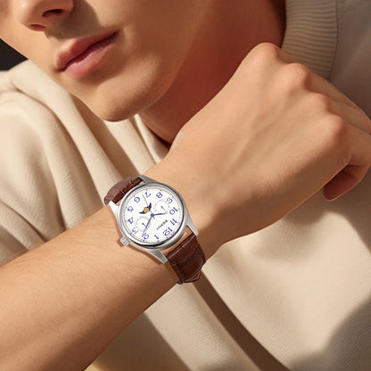 BERNY Watches for Men Moon Phase Quartz Men's Watch Day and Date Calendar Easy Read Vintage-Style Business Dress Wristwatch